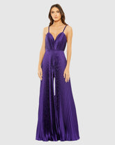 Daytime Dresses | Women Mac Duggal Purple Pleated Plunge Neck Wide Leg Jumpsuit Purple