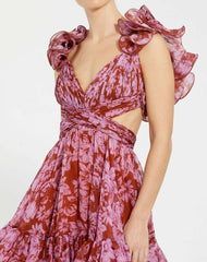 Daytime Dresses | Women Mac Duggal Ruffle Tiered Cut-Out Chiffon Midi Dress Red Multi