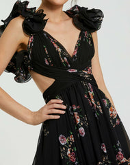Daytime Dresses | Women Mac Duggal Ruffle Tiered Cut-Out Floral Print Chiffon Dress Black Multi