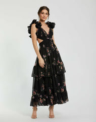 Daytime Dresses | Women Mac Duggal Ruffle Tiered Cut-Out Floral Print Chiffon Dress Black Multi