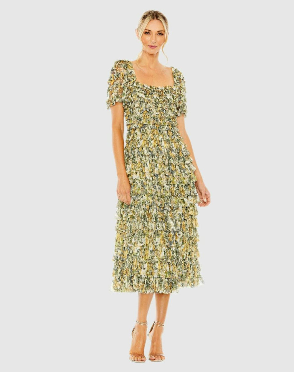 Daytime Dresses | Women Mac Duggal Short Sleeve Micro Ruffle Tea Length Dress Gold Multi