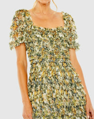 Daytime Dresses | Women Mac Duggal Short Sleeve Micro Ruffle Tea Length Dress Gold Multi