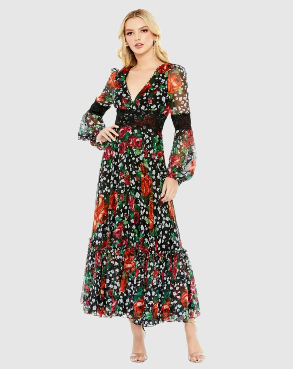 Daytime Dresses | Women Mac Duggal V-neck Floral Long Puff Sleeve Ruffle Dress - FINAL SALE Black Multi