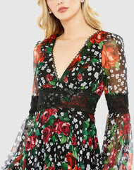 Daytime Dresses | Women Mac Duggal V-neck Floral Long Puff Sleeve Ruffle Dress - FINAL SALE Black Multi