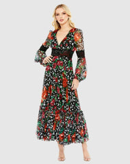 Daytime Dresses | Women Mac Duggal V-neck Floral Long Puff Sleeve Ruffle Dress - FINAL SALE Black Multi