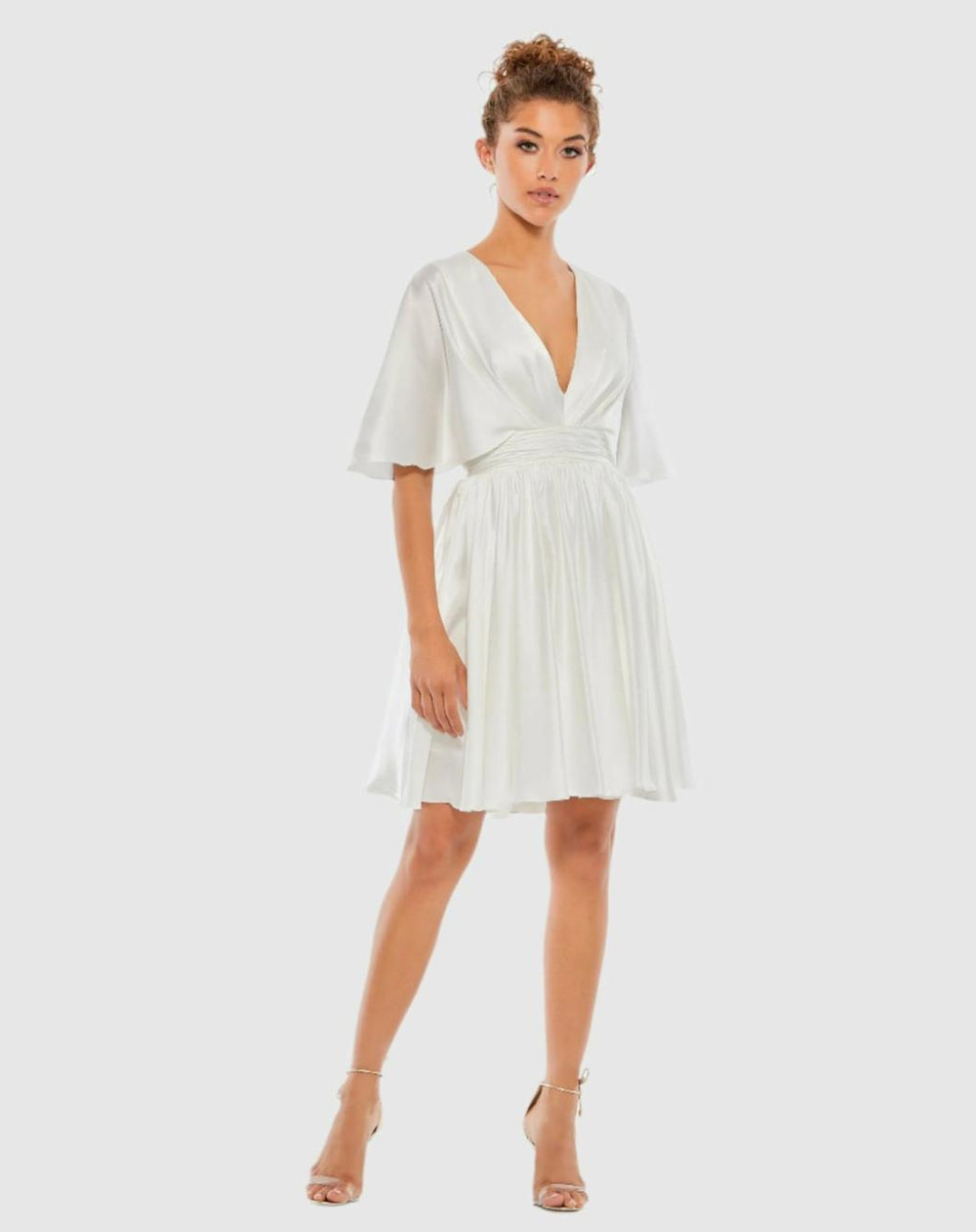 Daytime Dresses | Women Mac Duggal White Satin Flowy Cape Sleeve Mini Dress - FINAL SALE White