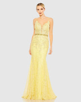 Evening Gowns | Women Mac Duggal Applique Sleeveless Plunge Neck Trumpet Gown Lemon