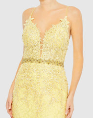 Evening Gowns | Women Mac Duggal Applique Sleeveless Plunge Neck Trumpet Gown Lemon