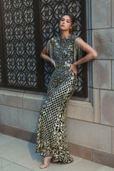 Evening Gowns | Women Mac Duggal Black High Neck Sleeveless Beaded Fringe Fitted Gown Black Gold