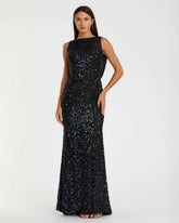 Evening Gowns | Women Mac Duggal Blue Cowl Back Boat Neck Sequined Evening Gown Midnight