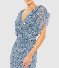 Evening Gowns | Women Mac Duggal Blue Draped Sleeve V Neck Gown Slate Blue