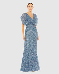 Evening Gowns | Women Mac Duggal Blue Draped Sleeve V Neck Gown Slate Blue