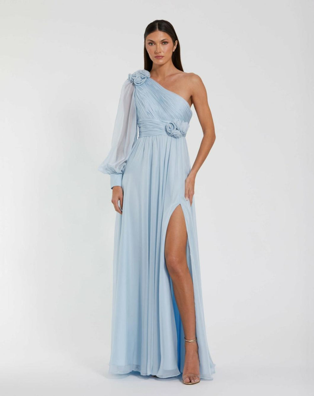 Evening Gowns | Women Mac Duggal Blue One Sleeve Chiffon Gown With 3D Flowers Powder Blue