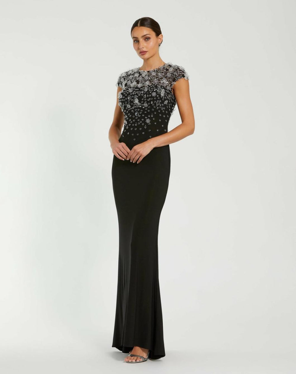 Evening Gowns | Women Mac Duggal Crystal Embellished Jersey Fitted Cap Sleeve Gown Black