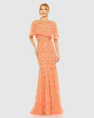 Evening Gowns | Women Mac Duggal Embellished Illusion Cape Sleeve Trumpet Gown Midnight