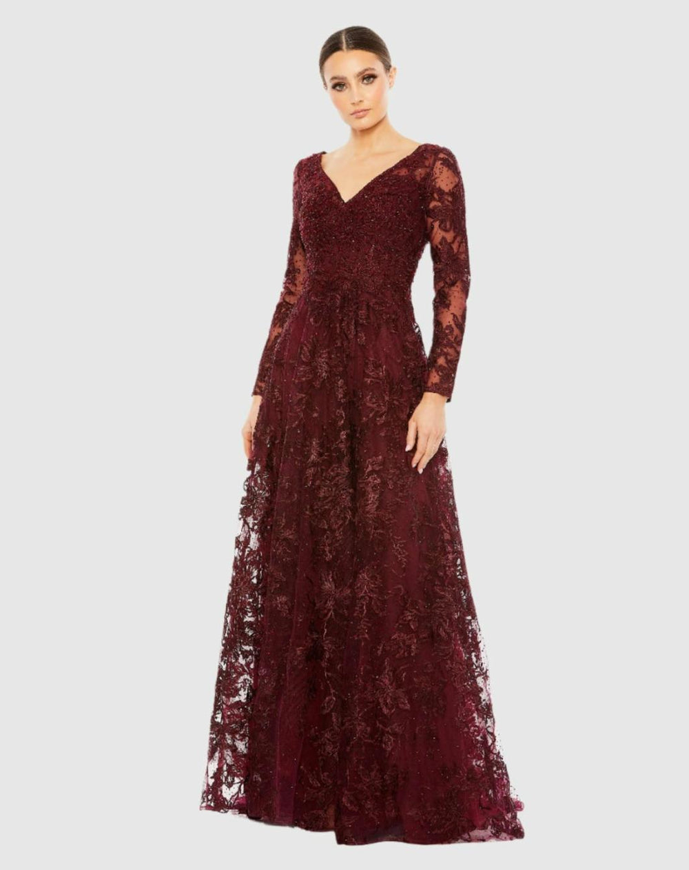 Evening Gowns | Women Mac Duggal Embellished Illusion Long Sleeve V Neck Gown Mahogany