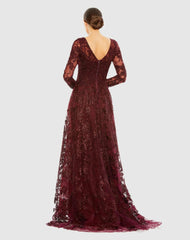 Evening Gowns | Women Mac Duggal Embellished Illusion Long Sleeve V Neck Gown Mahogany
