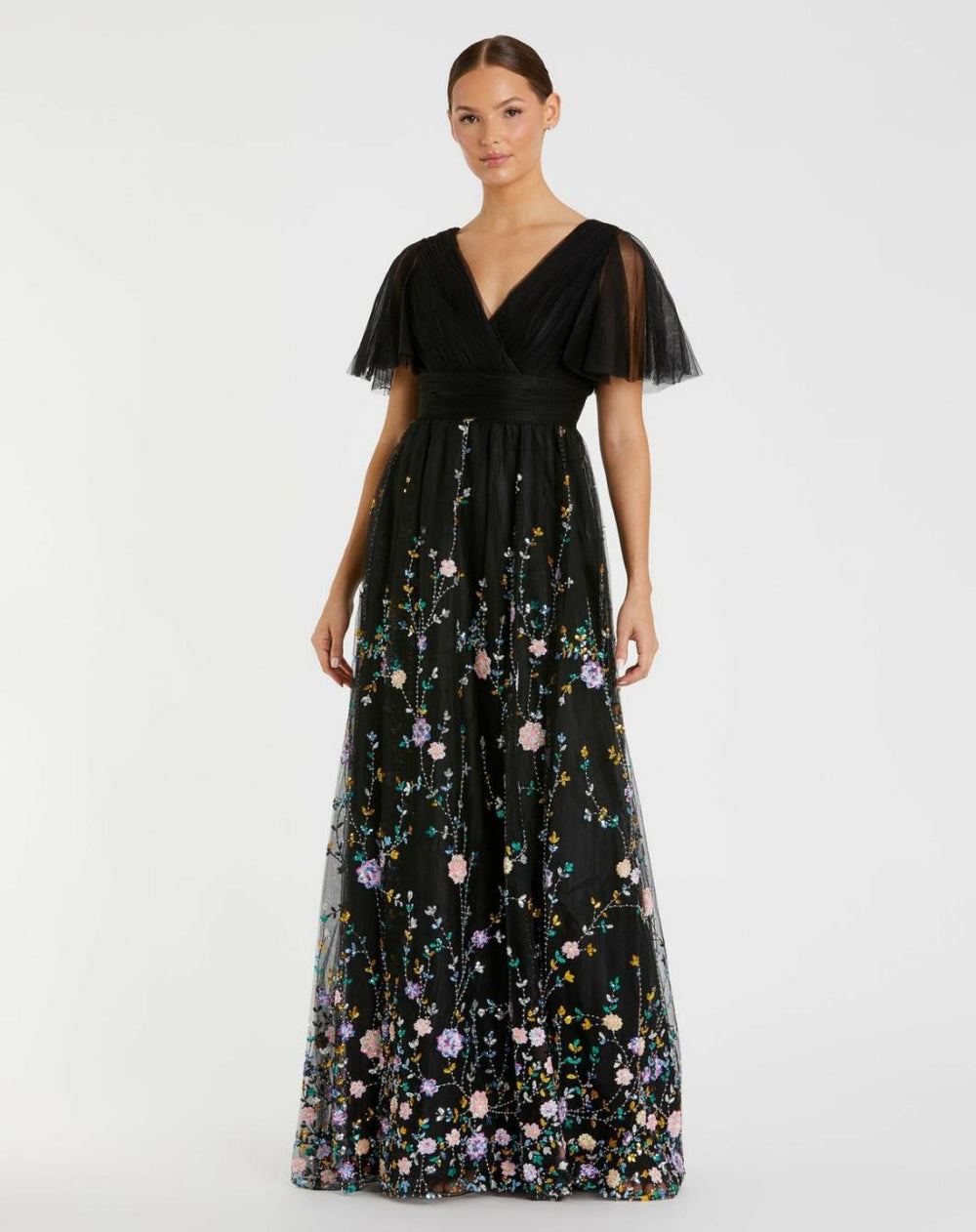 Evening Gowns | Women Mac Duggal Embroidered Illusion Butterfly Sleeve V Neck Gown Black Multi