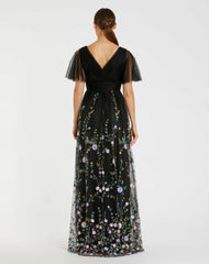 Evening Gowns | Women Mac Duggal Embroidered Illusion Butterfly Sleeve V Neck Gown Black Multi