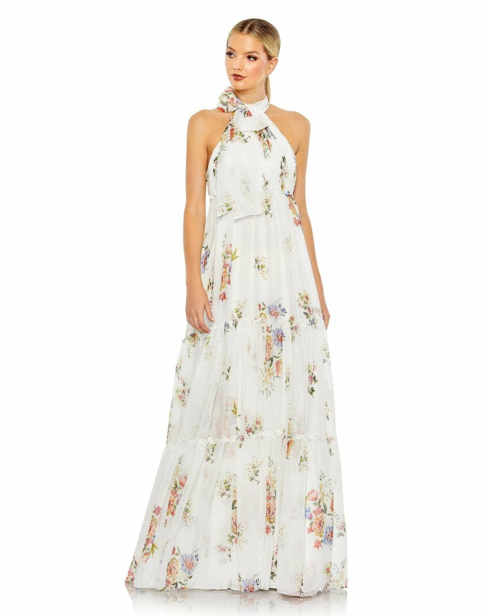 Evening Gowns | Women Mac Duggal Floral Print Ruched Tiered High Neck Bow Gown White Multi