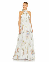 Evening Gowns | Women Mac Duggal Floral Print Ruched Tiered High Neck Bow Gown White Multi
