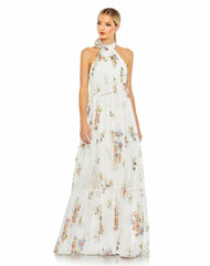 Evening Gowns | Women Mac Duggal Floral Print Ruched Tiered High Neck Bow Gown White Multi