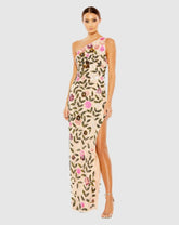 Evening Gowns | Women Mac Duggal Floral Sequined One Shoulder Column Gown Nude Multi