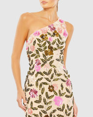 Evening Gowns | Women Mac Duggal Floral Sequined One Shoulder Column Gown Nude Multi