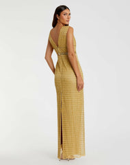 Evening Gowns | Women Mac Duggal Gold Beaded Cap Sleeve V Neck Column Gown Gold