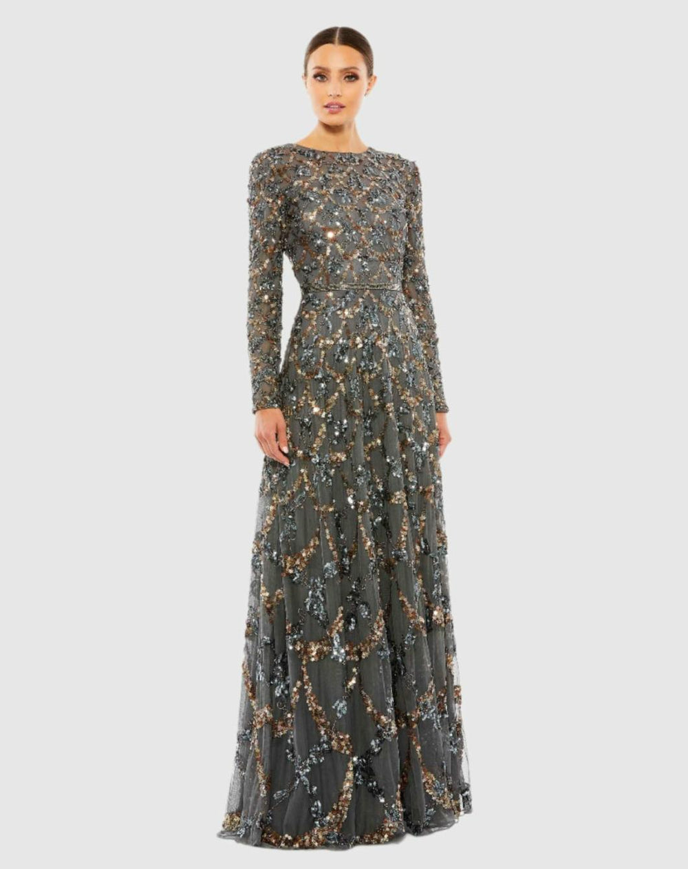 Evening Gowns | Women Mac Duggal Gray Embellished Illusion High Neck Long Sleeve A Line Gown Charcoal