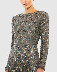 Evening Gowns | Women Mac Duggal Gray Embellished Illusion High Neck Long Sleeve A Line Gown Charcoal