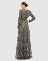 Evening Gowns | Women Mac Duggal Gray Embellished Illusion High Neck Long Sleeve A Line Gown Charcoal