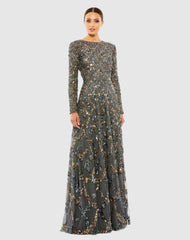 Evening Gowns | Women Mac Duggal Gray Embellished Illusion High Neck Long Sleeve A Line Gown Charcoal