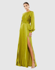 Evening Gowns | Women Mac Duggal Green Pleated High Neck Raglan Long Sleeve Side Slit Gown Apple Green