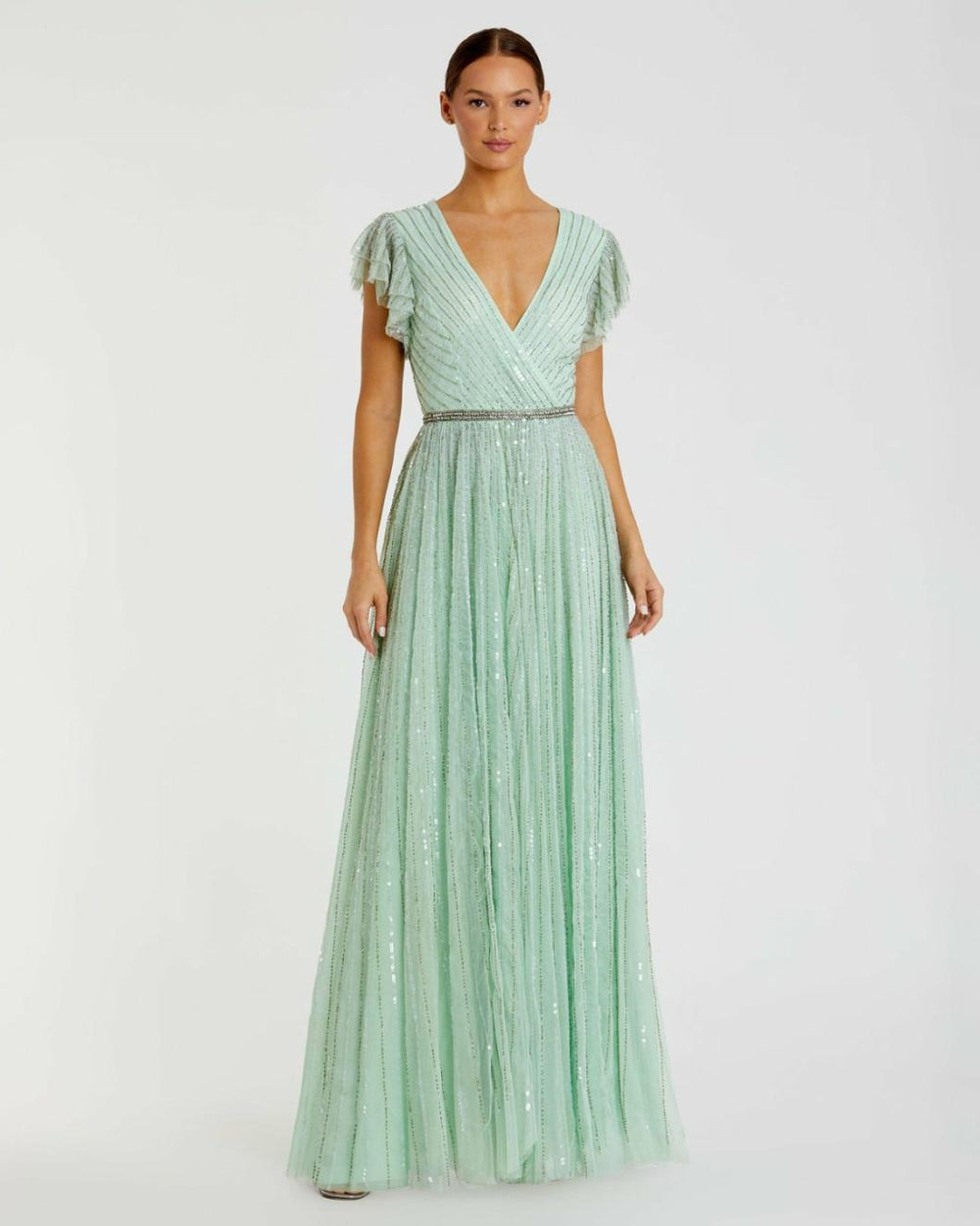 Evening Gowns | Women Mac Duggal Green Sequined Wrap Over Ruffled Cap Sleeve Gown Seamist
