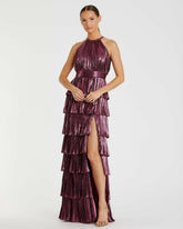 Evening Gowns | Women Mac Duggal High Neck Heat Pleated Tiered Ruffle Metallic Dress Rose