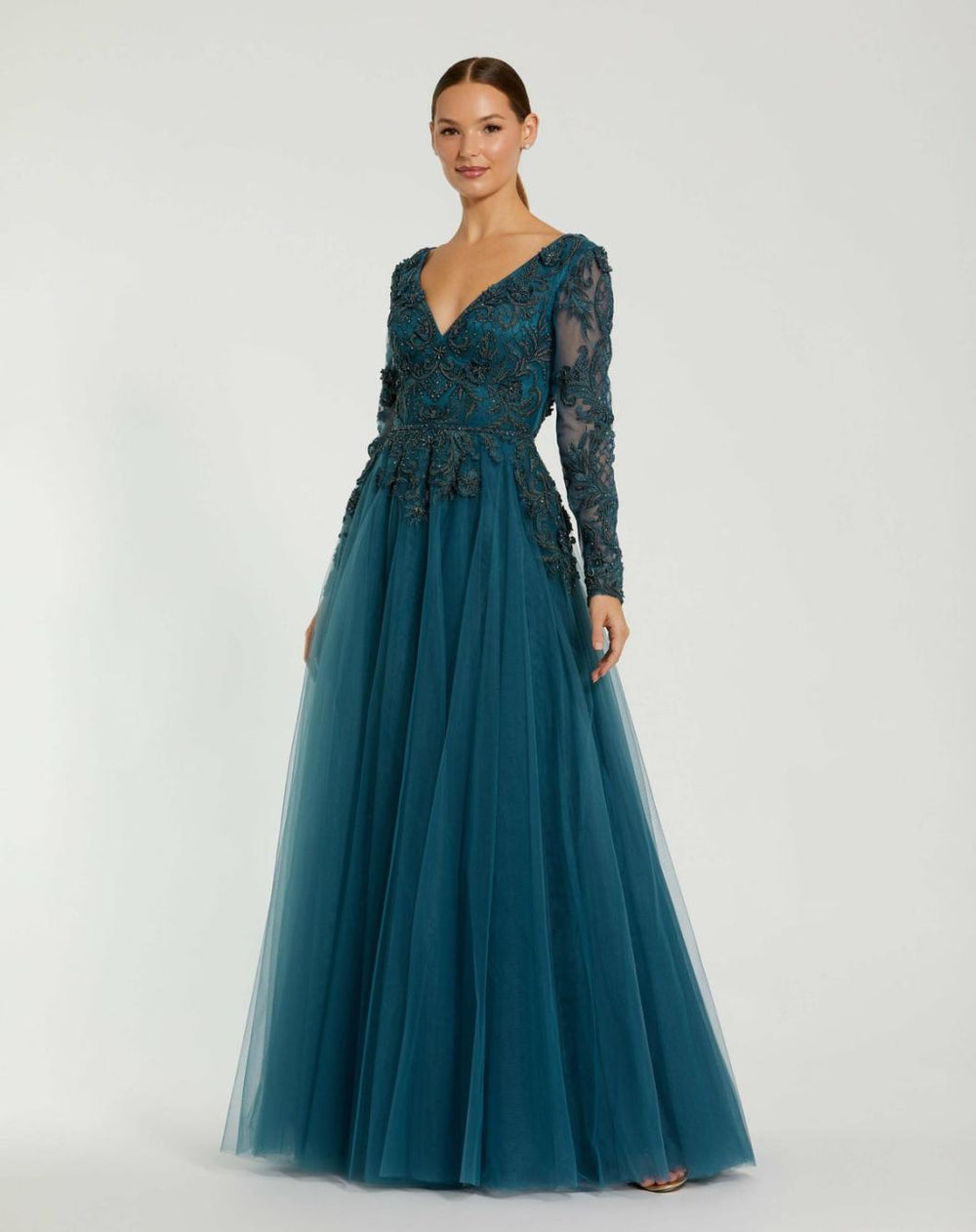 Evening Gowns | Women Mac Duggal Long Sleeve Embellished Tulle Gown Teal