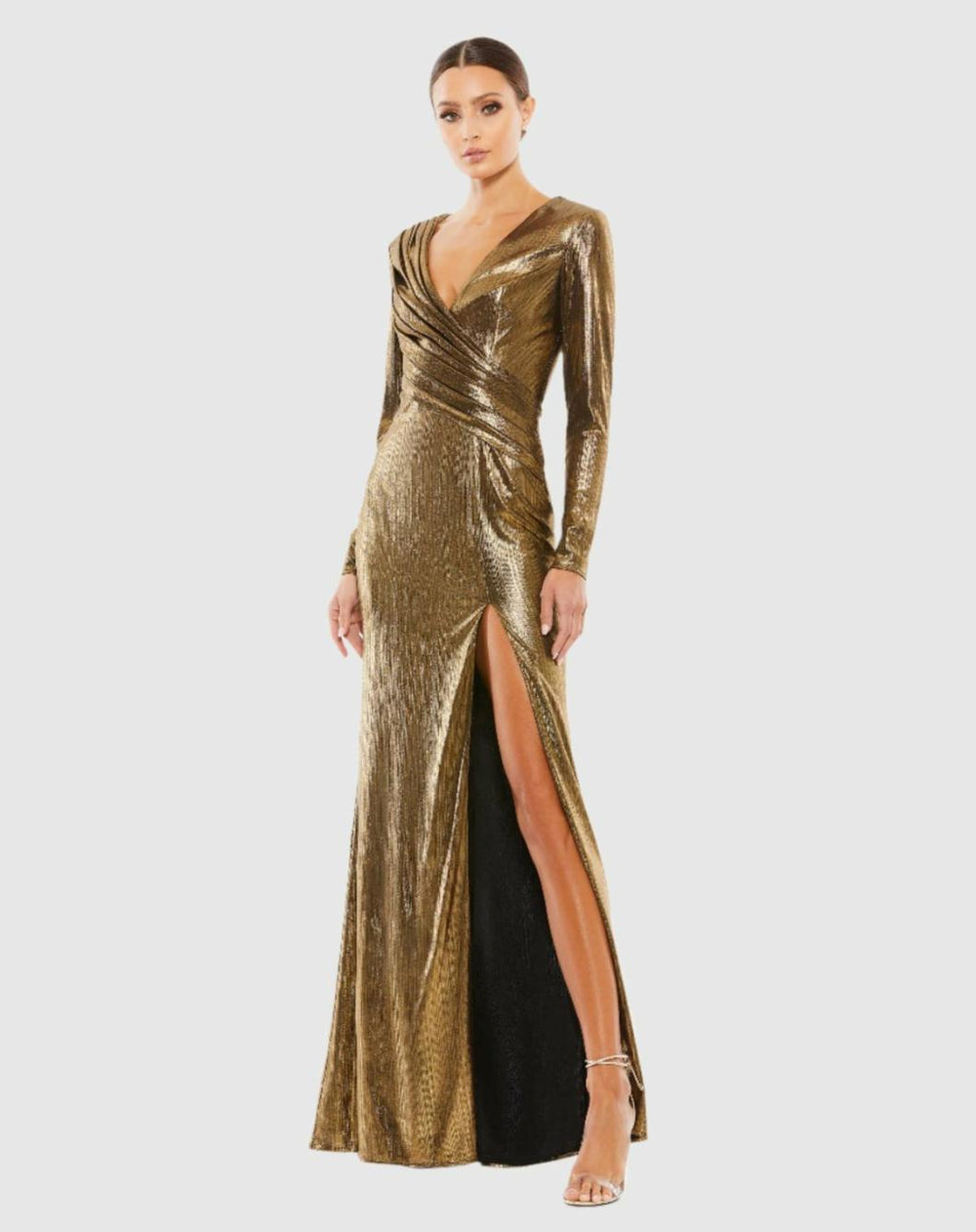 Evening Gowns | Women Mac Duggal Metallic Long Sleeve Asymmetrical Ruched Gown Gold