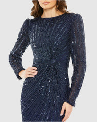 Evening Gowns | Women Mac Duggal Navy Embellished Puff Sleeve Side Knot Gown Navy