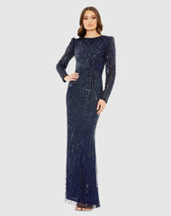 Evening Gowns | Women Mac Duggal Navy Embellished Puff Sleeve Side Knot Gown Navy