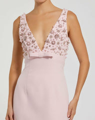 Evening Gowns | Women Mac Duggal Pink Crepe Sleeveless Beaded V Neck Gown With Bow Blush