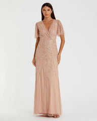 Evening Gowns | Women Mac Duggal Pink Embellished Flutter Sleeve Gown Nude