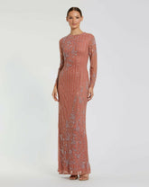 Evening Gowns | Women Mac Duggal Pink Embellished High Neck Illusion Long Sleeve Gown Rose