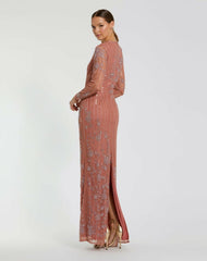 Evening Gowns | Women Mac Duggal Pink Embellished High Neck Illusion Long Sleeve Gown Rose