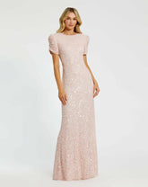 Evening Gowns | Women Mac Duggal Pink Gathered Short Sleeve Beaded Gown Blush