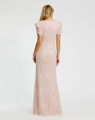 Evening Gowns | Women Mac Duggal Pink Gathered Short Sleeve Beaded Gown Blush