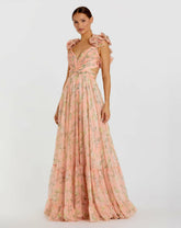 Evening Gowns | Women Mac Duggal Pink Ruffle Tiered Floral Cut-Out Chiffon Gown Pink Multi
