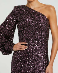 Evening Gowns | Women Mac Duggal Purple Sequined One Shoulder Bishop Sleeve Trumpet Gown Aubergine