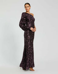 Evening Gowns | Women Mac Duggal Purple Sequined One Shoulder Bishop Sleeve Trumpet Gown Aubergine