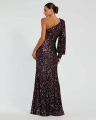 Evening Gowns | Women Mac Duggal Purple Sequined One Shoulder Bishop Sleeve Trumpet Gown Aubergine